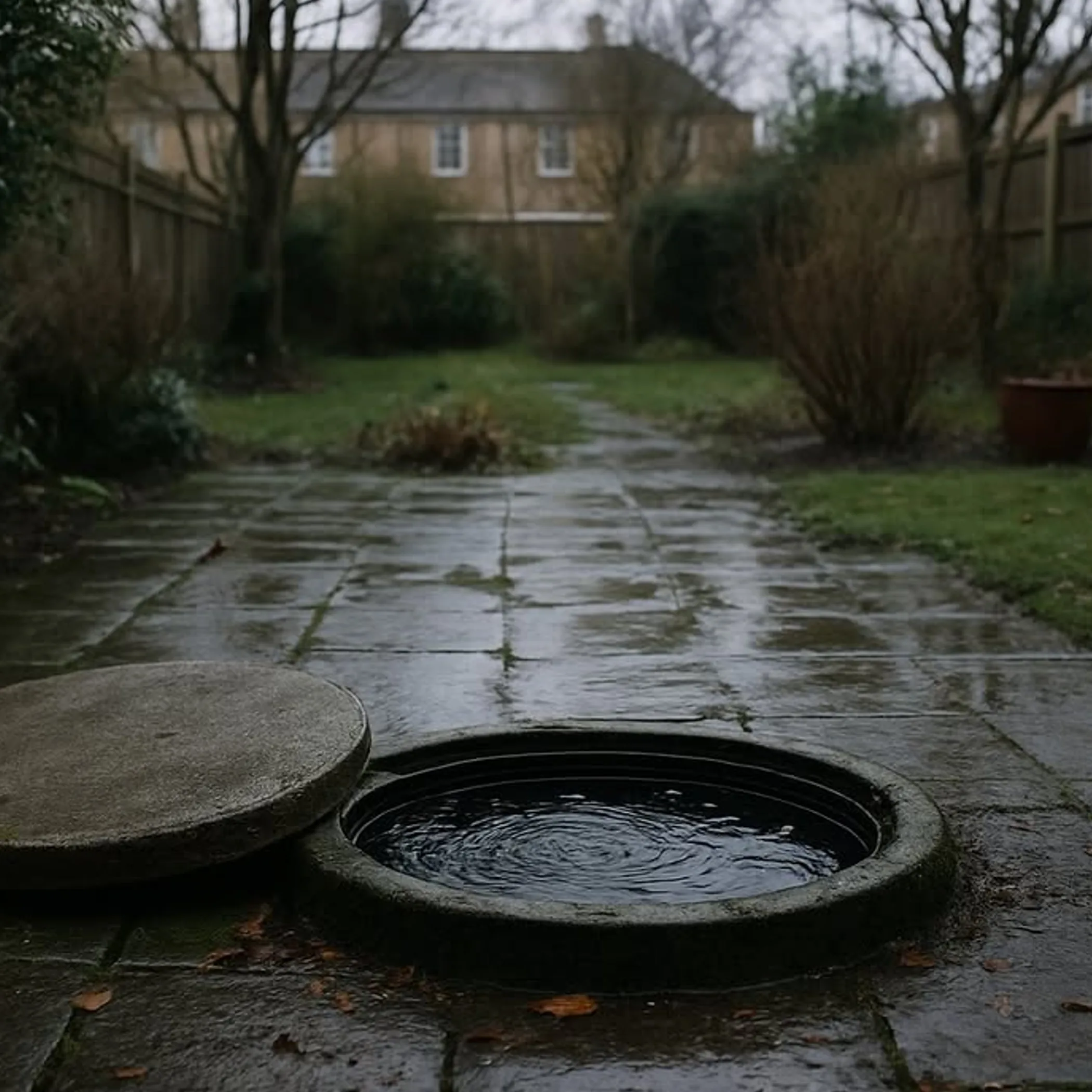 open outdoor drain chamber in rain