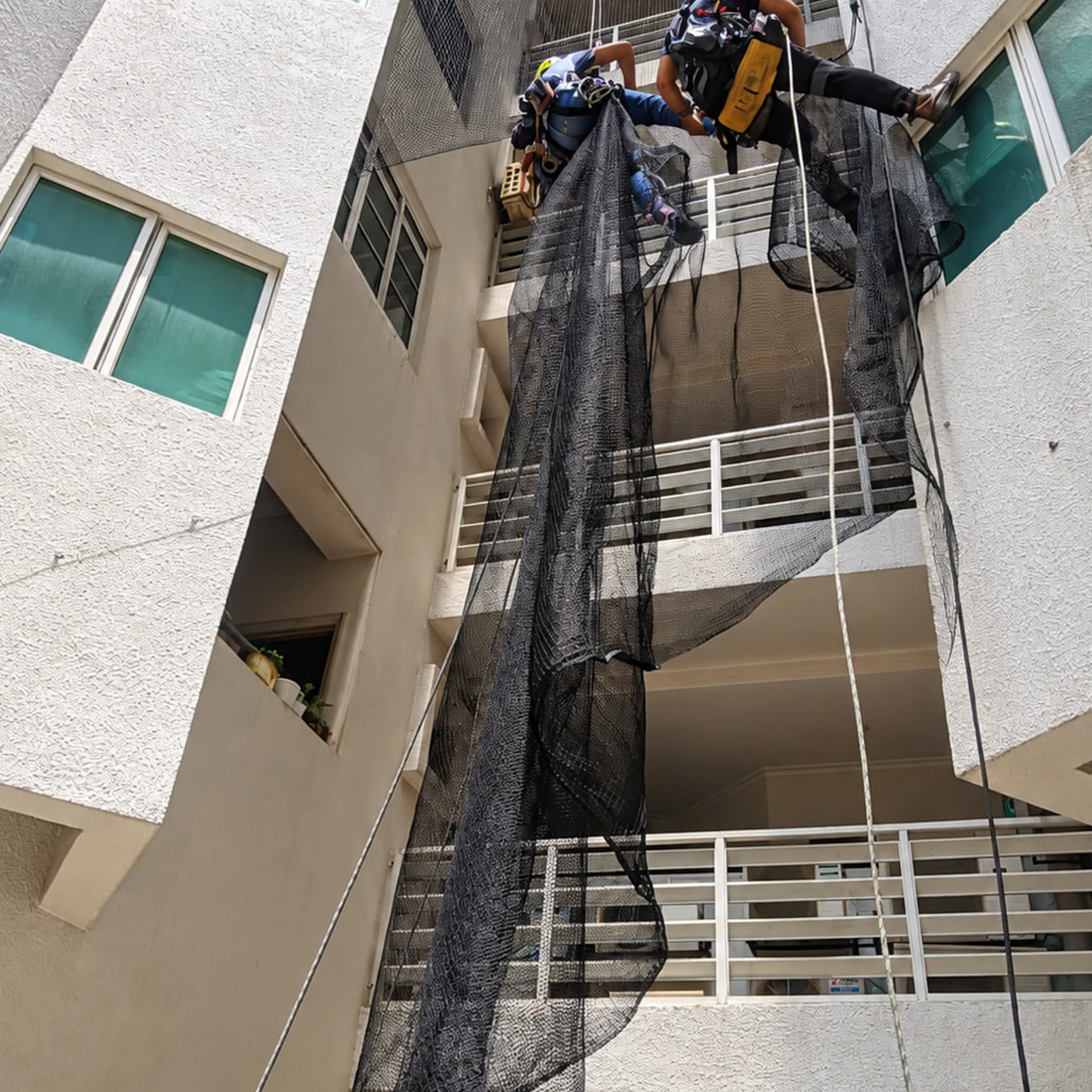 professionals installing building netting at height